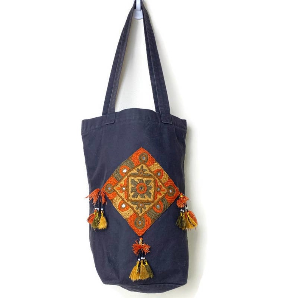 Handcrafted Navy Tote with Orange Embroidered Diamond Accent